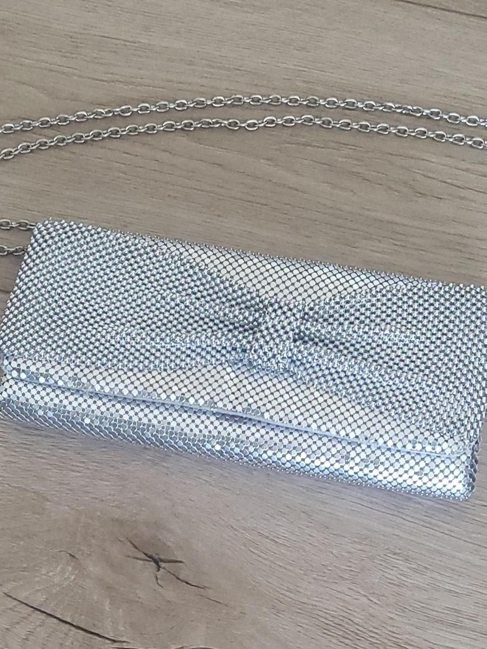Silver Mesh Bow Clutch with Chain Strap